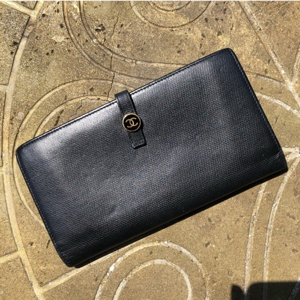 Chanel Black Gold Bifold Leather Wallet